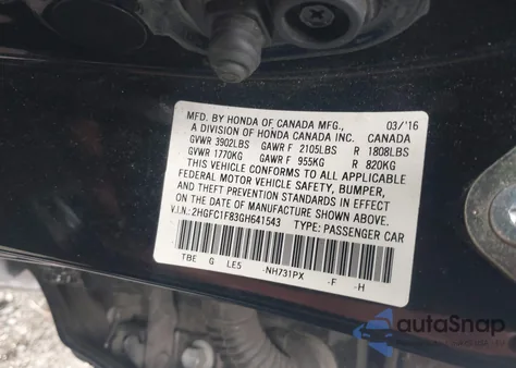 2016 Honda Civic Ex-L z USA, uszkodzony, nr VIN 2HGFC1F83GH641543